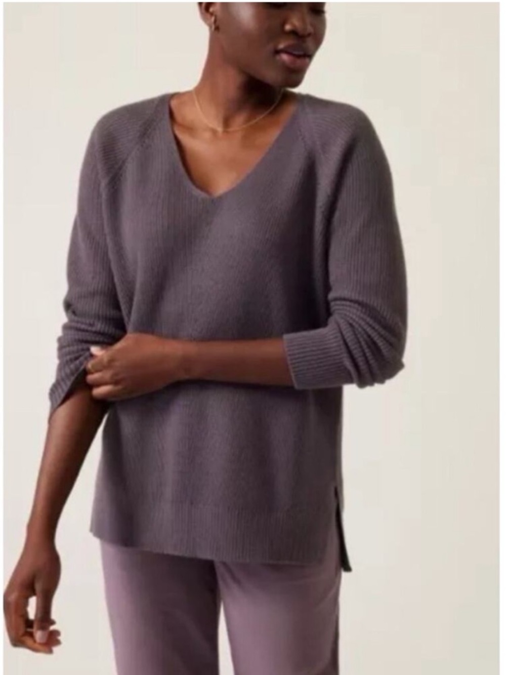Athleta Dusky Violet Merino Wool Blend Hanover Refined V Neck Sweater XS
